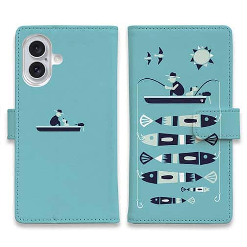 【手帳型】【釣りざんまい】愛犬と釣りを楽しむアングラー_カラフルミントブルー