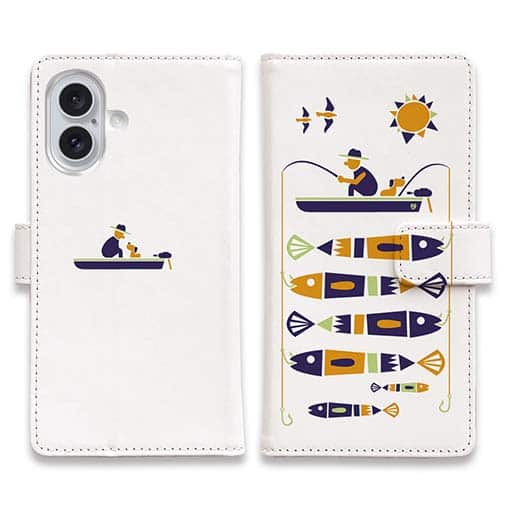 【手帳型】【釣りざんまい】愛犬と釣りを楽しむアングラー_カラフルホワイト