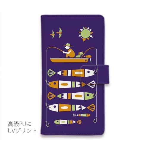【手帳型】【釣りざんまい】愛犬と釣りを楽しむアングラー_カラフルパープル