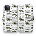 【手帳型】【釣りざんまい】ドット絵のブラックバス_英字新聞風ホワイト