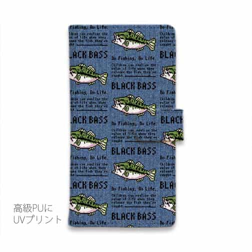 【手帳型】【釣りざんまい】ドット絵のブラックバス_英字新聞風デニム