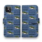 【手帳型】【釣りざんまい】ドット絵のブラックバス_英字新聞風デニム