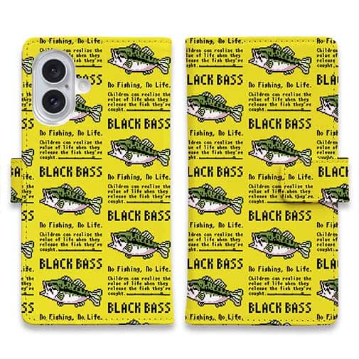 【手帳型】【釣りざんまい】ドット絵のブラックバス_英字新聞風イエロー