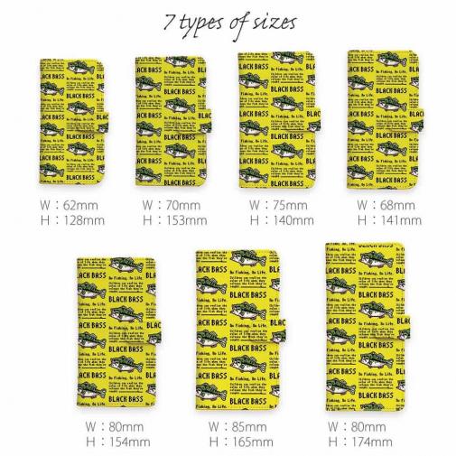 【手帳型】【釣りざんまい】ドット絵のブラックバス_英字新聞風イエロー