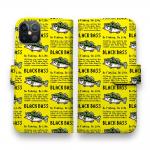 【手帳型】【釣りざんまい】ドット絵のブラックバス_英字新聞風イエロー