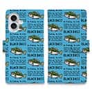 【手帳型】【釣りざんまい】ドット絵のブラックバス_英字新聞風スカイブルー