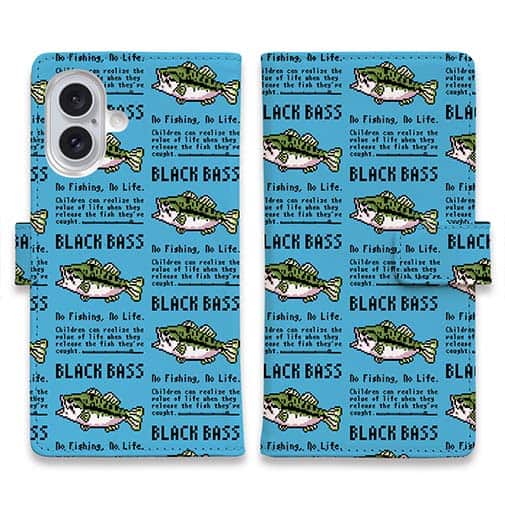 【手帳型】【釣りざんまい】ドット絵のブラックバス_英字新聞風スカイブルー