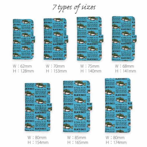 【手帳型】【釣りざんまい】ドット絵のブラックバス_英字新聞風スカイブルー