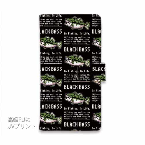【手帳型】【釣りざんまい】ドット絵のブラックバス_英字新聞風ブラック