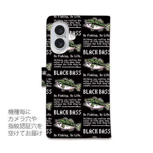 【手帳型】【釣りざんまい】ドット絵のブラックバス_英字新聞風ブラック