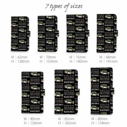 【手帳型】【釣りざんまい】ドット絵のブラックバス_英字新聞風ブラック