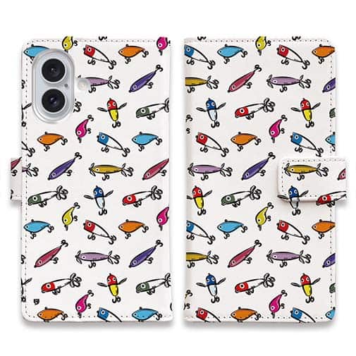 【手帳型】【釣りざんまい】ルアーコレクション_カラフルホワイト