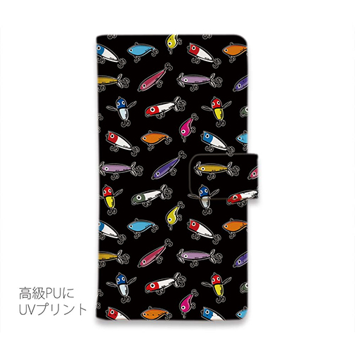 【手帳型】【釣りざんまい】ルアーコレクション_カラフルブラック
