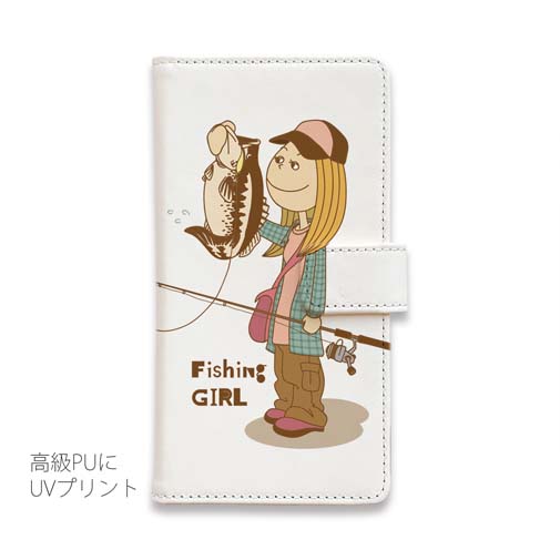 【手帳型】釣りガール　イラスト　ブラックバス