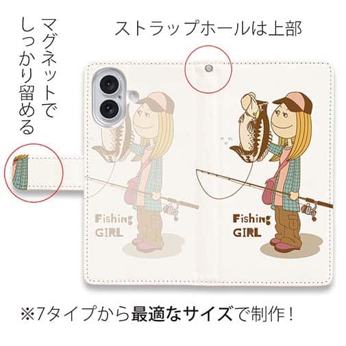 【手帳型】釣りガール　イラスト　ブラックバス