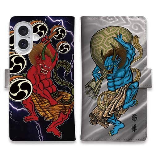 【彫姫】【手帳型】風神雷神　和彫りデザイン