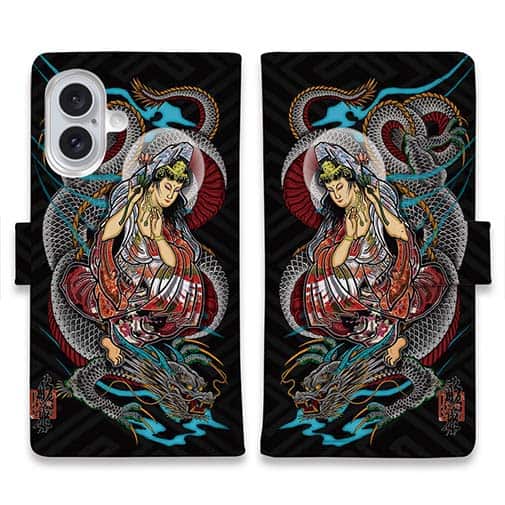 彫姫】【手帳型】騎龍観音 和彫りデザイン / Anglers case