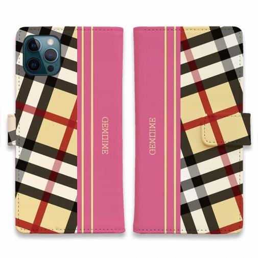 【Genuine】【手帳型】チェック柄 ベージュ&ピンク