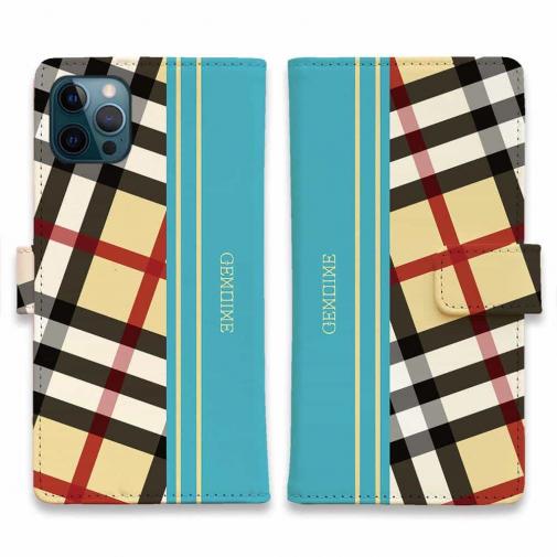 【Genuine】【手帳型】チェック柄 ベージュ&ブルー