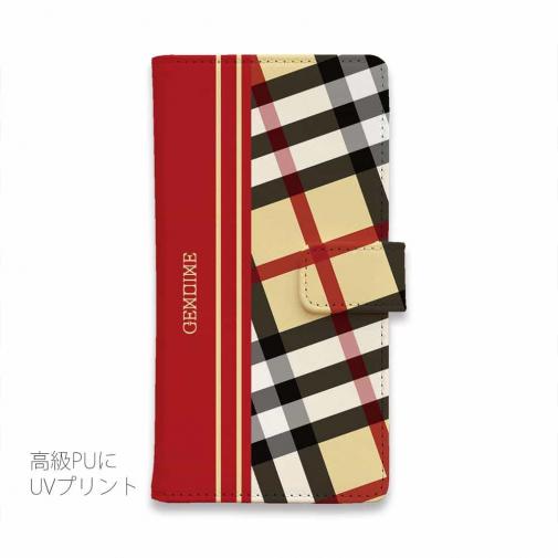 【Genuine】【手帳型】チェック柄　ベージュ＆レッド