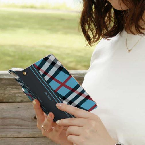 【Genuine】【手帳型】チェック柄　ブルー＆グレー