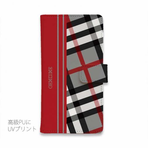 【Genuine】【手帳型】チェック柄　グレー＆レッド