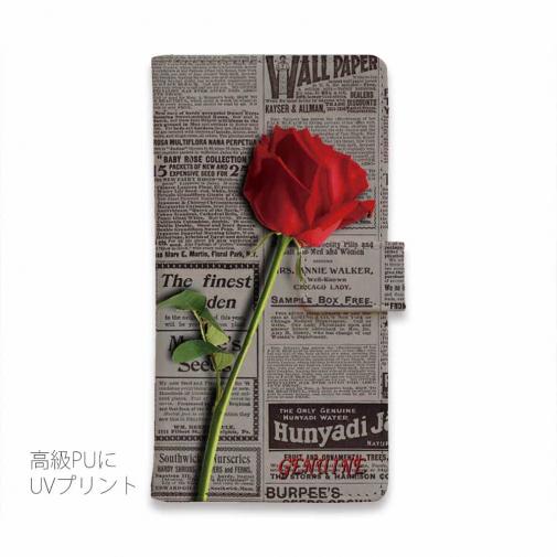 【Genuine】【手帳型】薔薇 　英字　新聞