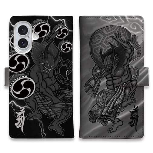 【彫姫】【手帳型】【Stick Case】風神雷神 和彫りデザイン