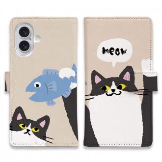 【手帳型】サカナもってワーイなネコ_ハチワレ猫(wakat)