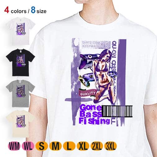 【Tシャツ】Gone Bass Fishing ローライダーポスター風 パープル 5.6oz Cotton:100%