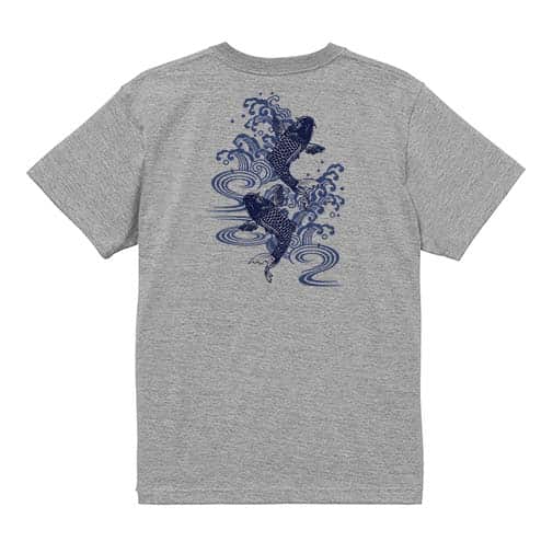 【Tシャツ】タトゥー風昇り鯉　ブルー&ホワイト 5.6oz Cotton:100%