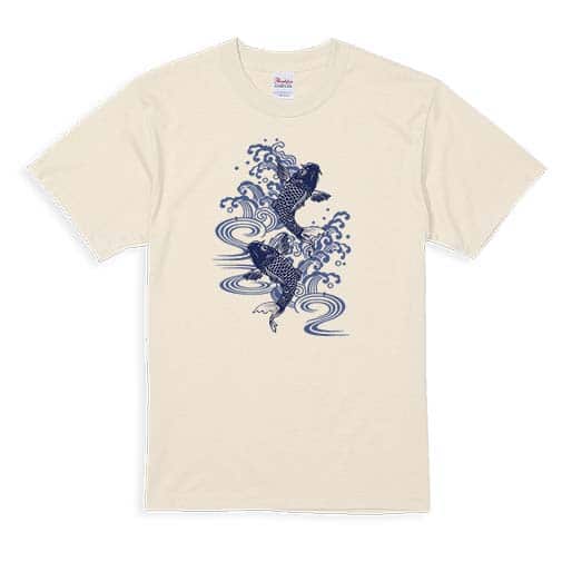 【Tシャツ】タトゥー風昇り鯉　ブルー&ホワイト 5.6oz Cotton:100%