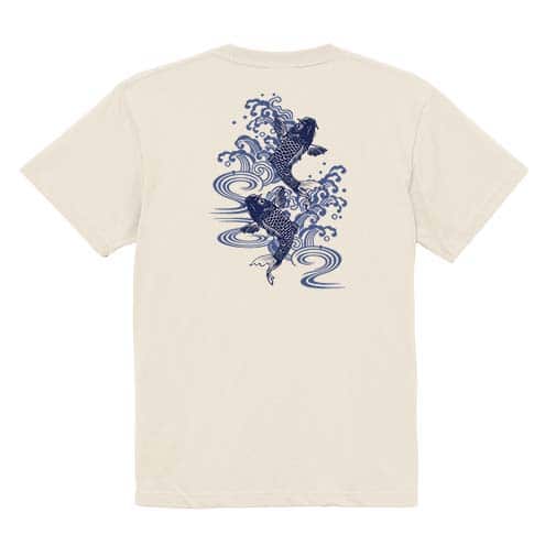 【Tシャツ】タトゥー風昇り鯉　ブルー&ホワイト 5.6oz Cotton:100%