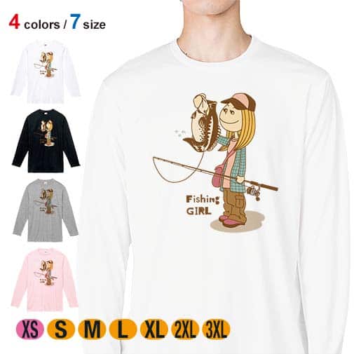 【長袖Tシャツ】釣りガール イラスト ブラックバス 5.6oz Cotton:100%