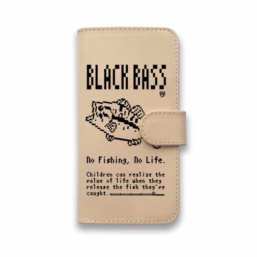 【手帳型】【釣りざんまい】本革 ドット絵のブラックバス