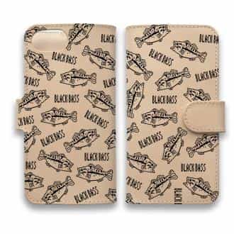 【手帳型】【釣りざんまい】本革 ドット絵のブラックバスがいっぱい