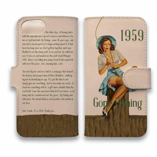 【手帳型】高級本革スマホケース ヌメ革 Gone Fishing ビンテージバージョン