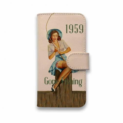 【手帳型】高級本革スマホケース ヌメ革 Gone Fishing ビンテージバージョン