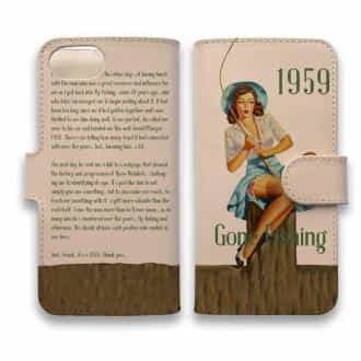 【手帳型】高級本革スマホケース ヌメ革 Gone Fishing ビンテージバージョン