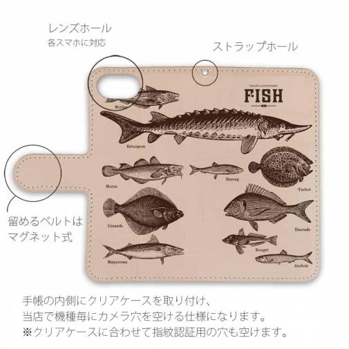 【手帳型】高級本革スマホケース ビンテージな魚図鑑