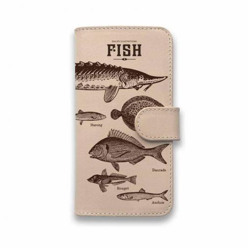 【手帳型】高級本革スマホケース ビンテージな魚図鑑