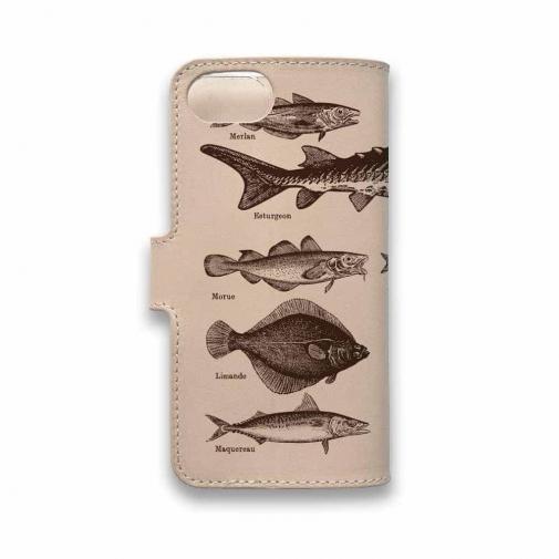 【手帳型】高級本革スマホケース ビンテージな魚図鑑