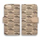 【手帳型】【釣りざんまい】本革 ドット絵のブラックバス_英字新聞風