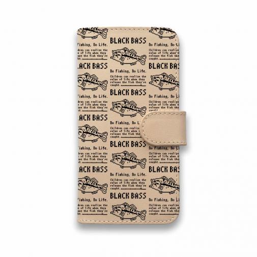 【手帳型】【釣りざんまい】本革 ドット絵のブラックバス_英字新聞風