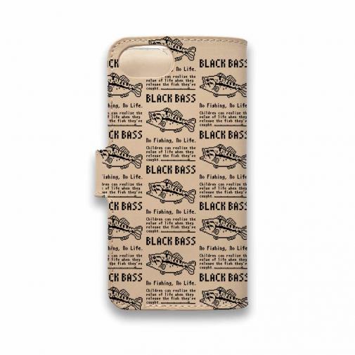 【手帳型】【釣りざんまい】本革 ドット絵のブラックバス_英字新聞風