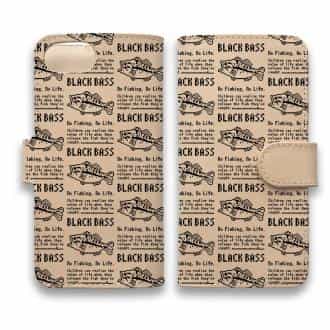 【手帳型】【釣りざんまい】本革 ドット絵のブラックバス_英字新聞風