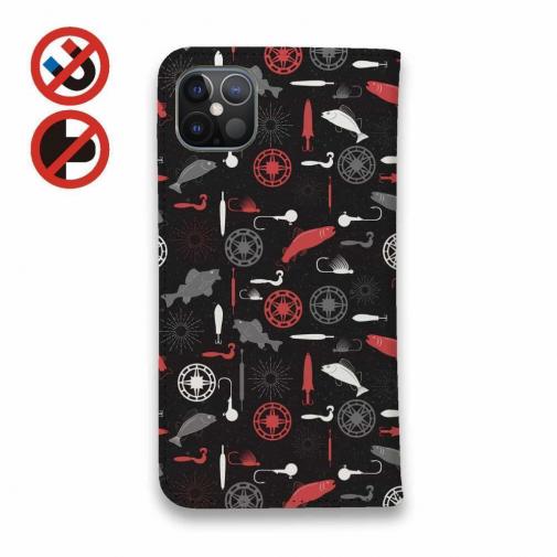 【手帳型ベルトなし】【Stick Case】リールと魚とジグヘッドとワーム　シームレスパターン