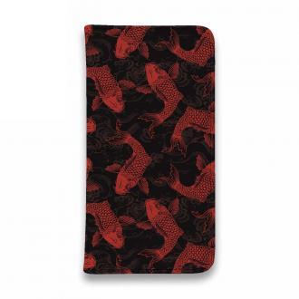 【手帳型ベルトなし】【Stick Case】ブラック&レッド　錦鯉のシームレス　和風柄