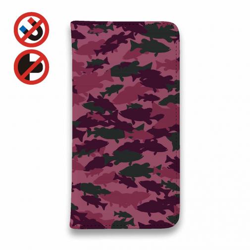 【手帳型ベルトなし】【Stick Case】ブラックバス　迷彩大柄　レッドカラー