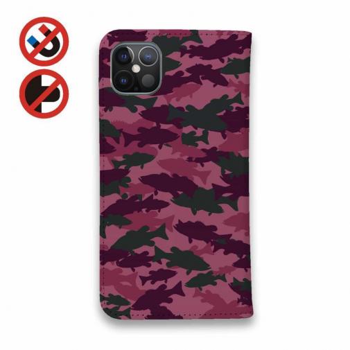 【手帳型ベルトなし】【Stick Case】ブラックバス　迷彩大柄　レッドカラー